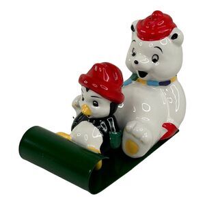 Norwood and Tux on Sled Salt & Pepper Shakers Polar Bear Penguin Toboggan NEW